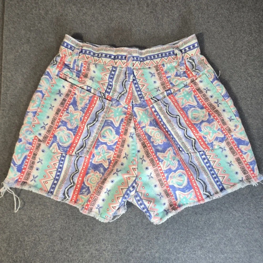 Vintage Mixed Blues 90s High Waist Tribal Print Denim Shorts Sz 5 Made in USA